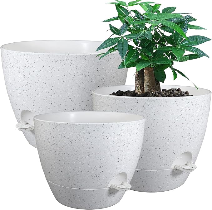 Large Self Watering Pots, 12/10/9 Plastic Planters with High Drainage Holes and Deep Reservoir for Indoor Outdoor Garden Plants and Flowers, White Speckles UOUZ