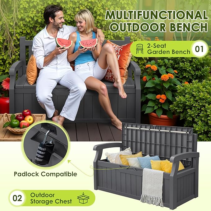 Greesum 80 Gallon Outdoor Storage Bench, Resin Patio Furniture with Armrest,Waterproof and UV-Resistant, Perfect to Garden, Poolside and Lawn, Dark Grey BuynowfromGreesum