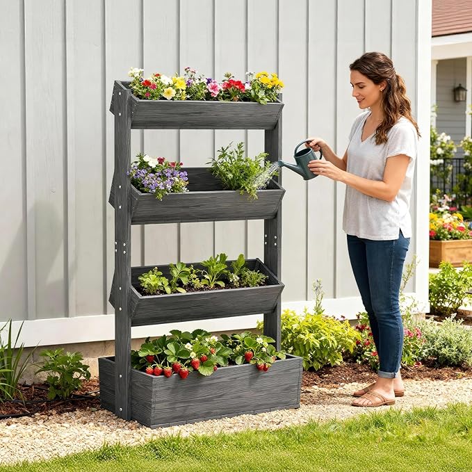 SUNYRISY 4 Tiers Vertical Raised Garden Bed Outdoor Planter Tower, Wooden Freestanding Planter Box for Planting Herbs Flowers Vegetables Patio Balcony Indoor Outdoor Gardening, Grey SUNYRISY