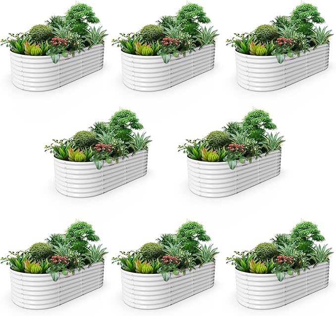A ANLEOLIFE 8-Set 8X4X2 ft Galvanized Raised Garden Bed Kit, Oval Metal Deep Root Planters for Outdoor Plants, Antique White AAnleolife