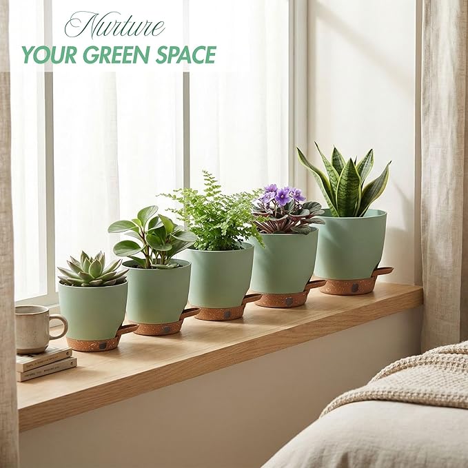 montresor 5 Pack Green 5/5.5/6/6.5/7 Inch Self Watering Planters for Outdoor, Plastic Plant Pots with Wick & Drainage, Small to Medium Indoor Pots for Snake Plant, Aloe Montresor