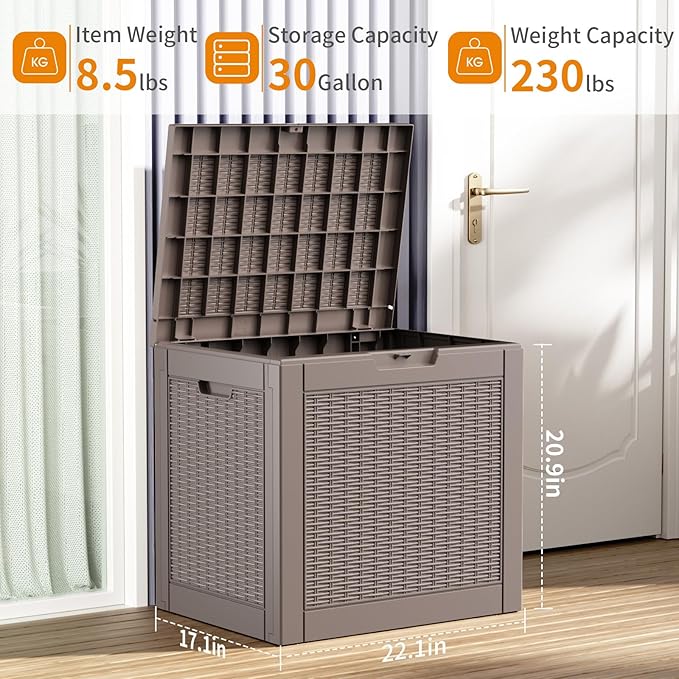 ROJIK Outdoor Storage Housing Deck Box - Waterproof Patio Furniture, Garden Tools, Cushions, Pool Accessories Storage Bench with Lockable Lid and Side Handles (Grey Rattan, 30 Gal) ROJIK