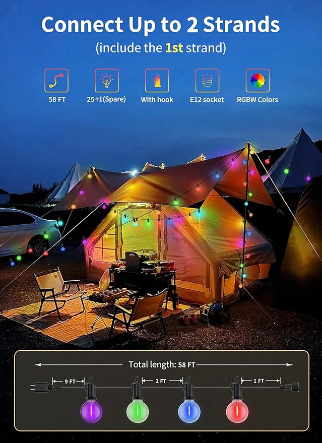 Brightown RGBW Outdoor String Lights, 58FT LED Patio Lights with Remote and Timer, Commercial Grade Waterproof Hanging Lights with 27 Shatterproof Bulbs(2 Spare) for Backyard Porch Garden Party Decor Brightown