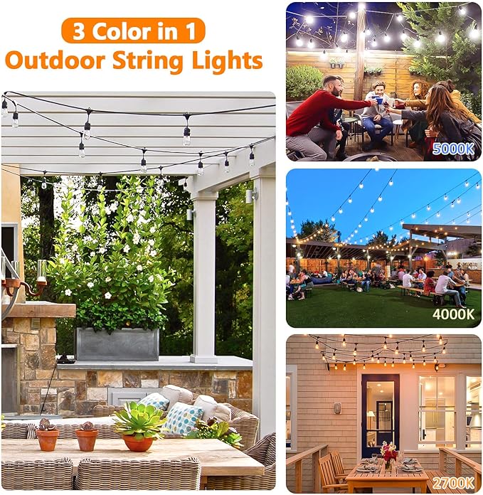 Lakumu 2-Pack 3 Color Dimmable LED Outdoor String Lights for Patio with Remotes, 96FT Waterproof Hanging Lights with Shatterproof Edison Bulbs for Bistro Backyard-Warm White/Neutral White/Daylight Lakumu