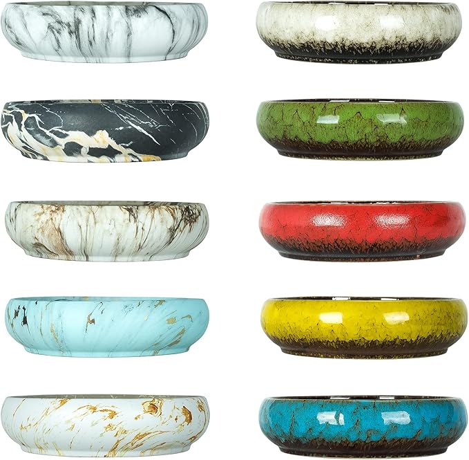 Succulent Pots, 10 Inch Large Succulent Planter Pots with Drainage - Ceramic Marble Bonsai Pot with Stand Shallow Planter for Cactus Flower Plants Plus Succulent Planting Tools Set & 2.2lb Mix Pebbles ARTKETTY