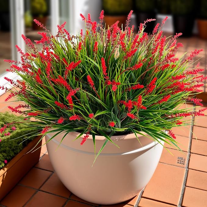 Artificial Faux Plants Flowers for Outdoor Decorations, Fake Monkey Grass for Outside Porch Patio, No Fade Realistic Greenery Plant, UV Resistant Artificial Bush Shrubs for Courtyard Window Garden Ammyoo