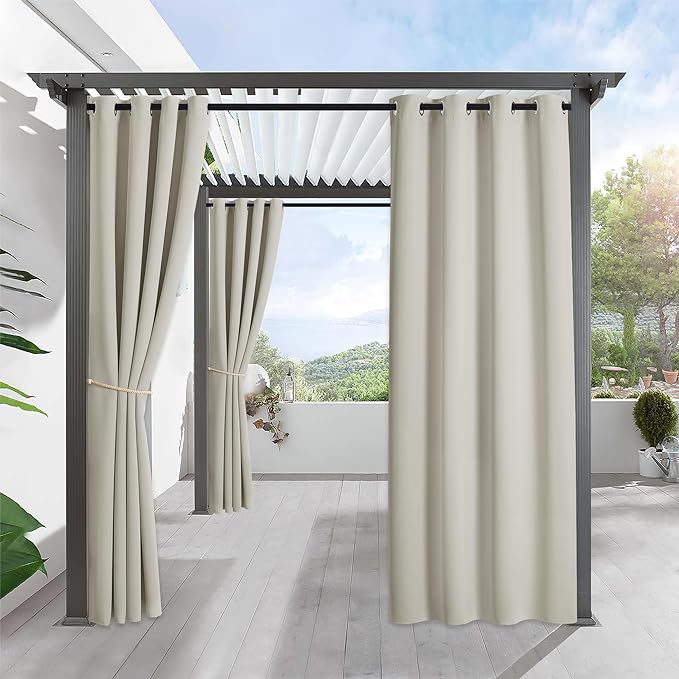 RYB HOME Outdoor Curtains for Patio Waterproof Block Sunlight Thermal Insulated Privacy Assured Thick Outside Curtains for Porch, Gazebo, Pergola, W52 x L84, Natural, 1 Panel RYBHOME