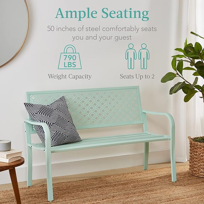 Best Choice Products Outdoor Bench 2-Person Metal Steel Benches Furniture for Garden, Patio, Porch, Entryway w/Geometric Backrest, 790lb Capacity - Mint Green BestChoiceProducts