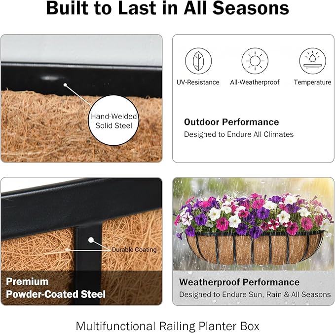 30“ Window Box Railing Planter with Coco Liner Metal Wall-Mounted Coconut Liner Planter Basket English Horse Trough Planters for Outdoor Deck Balcony Porch Fence Patio Black (2 Pack) KIDYBELL