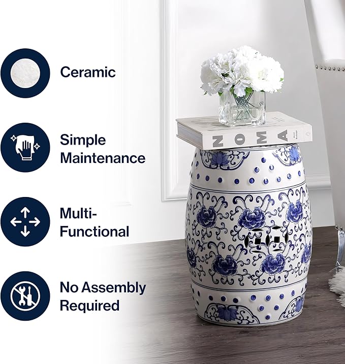 JONATHAN Y TBL1000A Lotus Flower 17.8" Chinoiserie Ceramic Drum Indoor/Outdoor Garden Stool Bohemian, Coastal, Classic, Cottage, French Country, Traditional, Bathroom, Garden Room, Patio, Blue/White JONATHANY