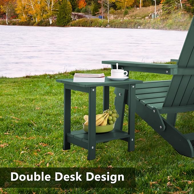 Double Adirondack Side Table Weather Resistant, Outdoor Rectangular End Table for Adirondack Chair, Dark Green Meluvici