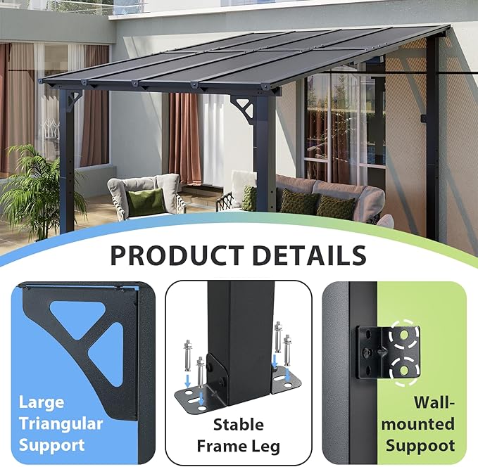 Aoxun 8'x 10' Premium Gazebo with Aluminum Top Frame & Polycarbonate Panel, Wall Mounted Gazebos Pergola, Outdoor Patio Lean to Gazebo, Awnings with Sloped Roof, for Backyard, Porch, Deck Aoxun