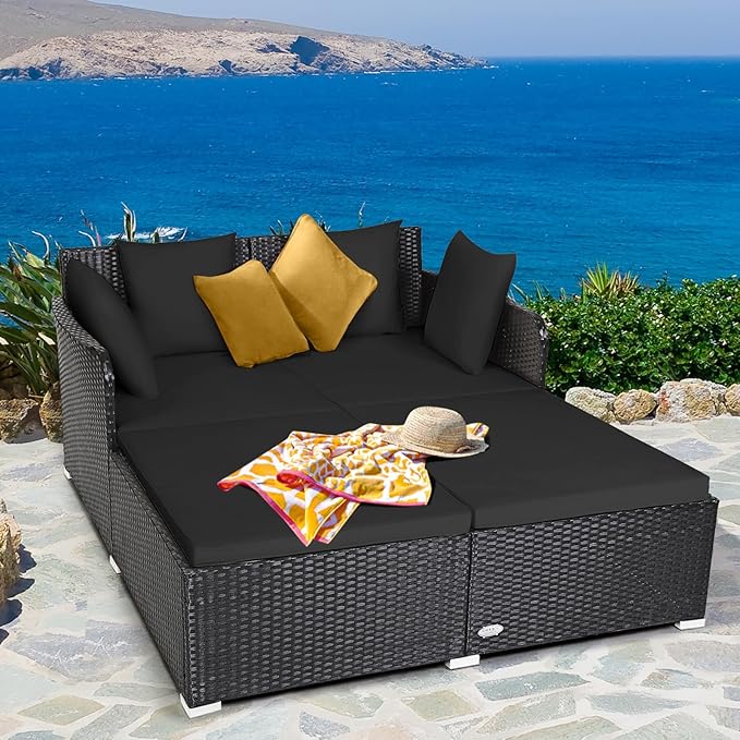 Tangkula Outdoor Rattan Daybed, Wicker Furniture with Spacious Seat, Upholstered Cushion & High-Resilience Sponge, Patio Sofa Set with 4 Pillows, 2-Person Sunbed for Poolside Backyard Garden & Balcony TANGKULA