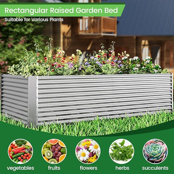 FRIZIONE 2pcs Tall 8x4ft Galvanized Raised Garden Bed Outdoor,Above Ground Garden Bed for Vegetable,Metal Raised Beds for Flower,Steel Raised Beds for Gardening FRIZIONE