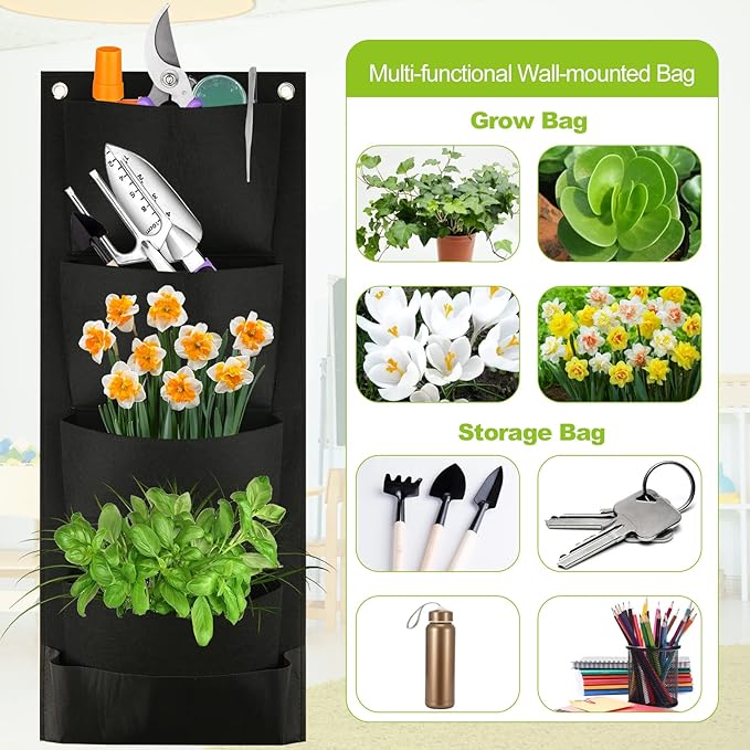 Cosmos Hanging Wall Planter with 4 Pockets Vertical Garden Planter Wall Mounted Flower Pouch Plant Growing Bag Garden Tools Storage Bag for Outdoor Decor Rootora