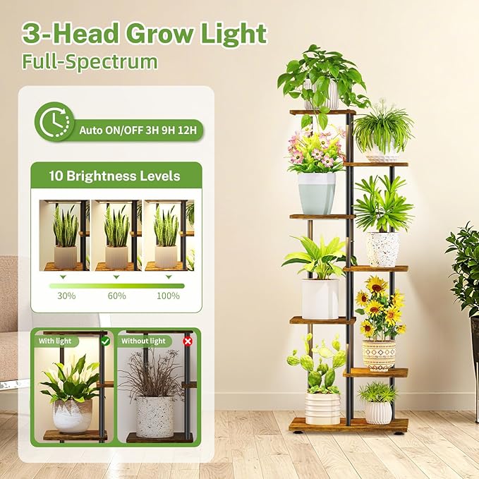 iDavosic.ly 6 Tier Tall Plant Stand Indoor with Light, Tiered Corner Metal Wood Multiple Flower Holder Shelf, 50 Inch Display Grow Rack for Living Room Bedroom, Modern Black & Rustic Brown iDavosicly