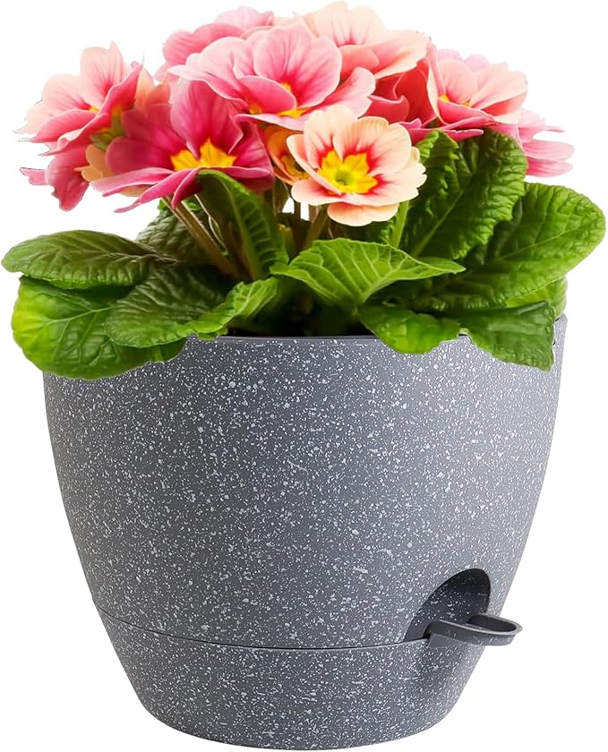 12 inch Large Self Watering Pots, Plant Pots with Mesh Drainage Holes for Indoor Outdoor Plants, Plastic Planters with Deep Reservoir for Garden House Flower Plants, Speckled Grey Meowell