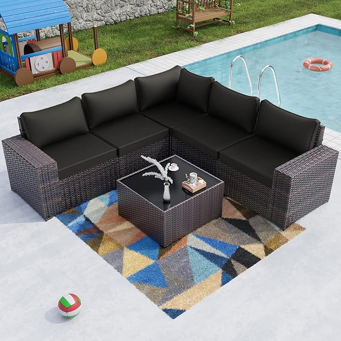 Kullavik 6PCS Outdoor Patio Furniture Set PE Wicker Rattan Sectional Sofa Patio Conversation Sets,Black KULLAVIK