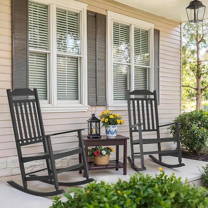 Patio Rocking Chair Outdoor Set of 4,Weather Resistant Poly Resin Oversized Porch Rocker,High Back Smooth Design,350lb Weight Capacity,Indoor Outdoor Use(4, Black) GYMHILL