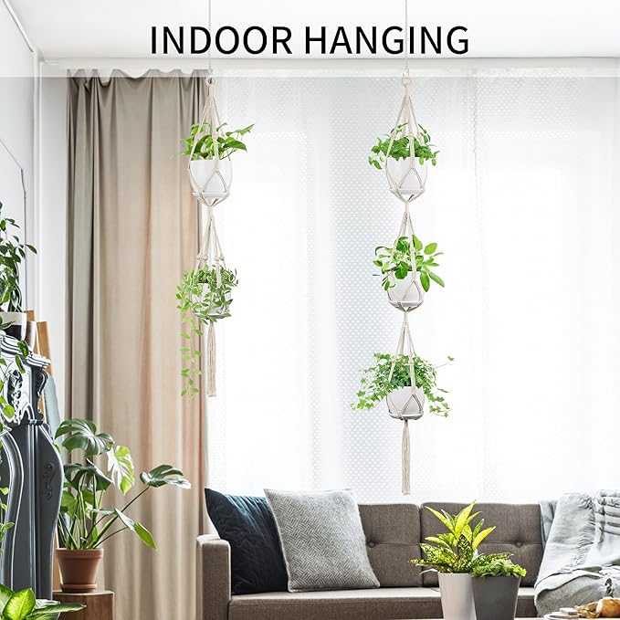 Macrame Plant Hanger - Fits 4 to 8 inches Pots for Indoor Outdoor, 49"/72" 2 Sizes Set, Ivory (POTS NOT Included) IDEEEPAN