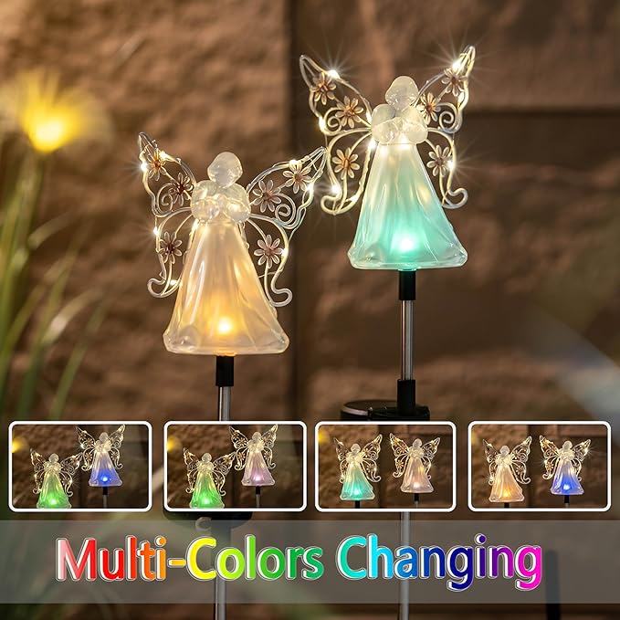 Solar Angels for Cemetery Grave Sympathy Memorial Remembrance Gift Solar Angels for Outside as Yard Decorations Lawn Ornaments Solar Garden Decor, Angel Gifts for Women 2 Pack (Pink Flower) ELFENGARDEN