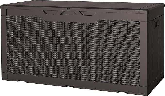 JUMMICO 100 Gallon Resin Deck Box, Waterproof Outdoor Storage Box with Lockable Lid for Garden Tools, Patio Cushions (Brown) JUMMICO