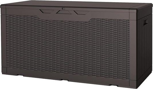 JUMMICO 100 Gallon Resin Deck Box, Waterproof Outdoor Storage Box with Lockable Lid for Garden Tools, Patio Cushions (Brown) JUMMICO