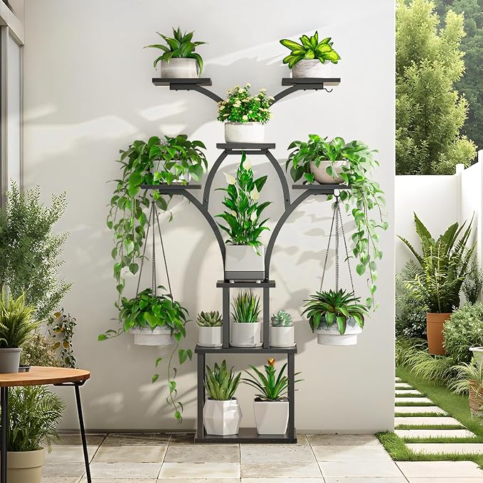 Elbourn Plant Stand Indoor with Grow Lights - 60" Tall Metal Plant Shelf for Multiple Plants, 8 Tiered Corner Plant Stands for Indoor Plants, X - Shaped Decorative Rack for Home, Living Room & Patio Decor (Black) Elbourn