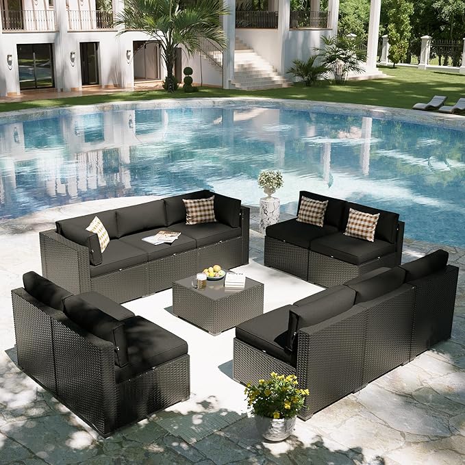 Aoxun Patio Furniture Set, 11 Piece Outdoor Sectional Sofas with Waterproof Cover, 10 Seats Wicker Rattan Outdoor Furniture Patio Conversation Set for Backyard, Garden Black Aoxun