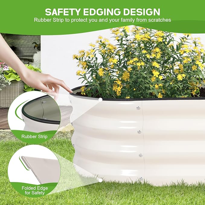 Galvanized Raised Garden Bed Outdoor - 4×2×1ft Planter Raised Beds for Gardening | Oval Metal Garden Planter Box with Safety Edging and Gloves for Vegetables Fruits and Flowers - White BIRDSINYARD