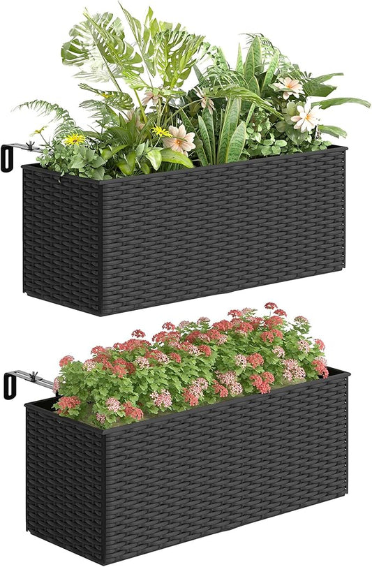 Outsunny Railing Planter Box (2 Pack, 20 Inch), Hanging Flower Pots with Hooks, Drainage Holes for Fence, Balcony, Garden, Patio, Rattan Look, Black Outsunny