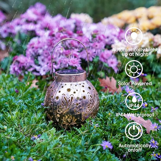 2 Pack Outdoor Solar Hanging Lantern Lights Metal LED Decorative Lamp for Garden Patio Courtyard Lawn and Table with Hollowed-Out Design (Bronze Butterfly) ExcMark