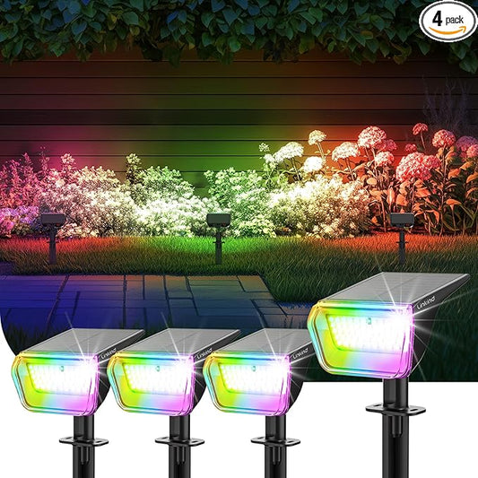 Linkind RGB Solar Spot Lights Outdoor Waterproof IP67, 60 LED 10 Lighting Modes Color Changing Landscape Lighting for Garden Yard Pathway Decorations (4 Pack, Multicolor) Linkind