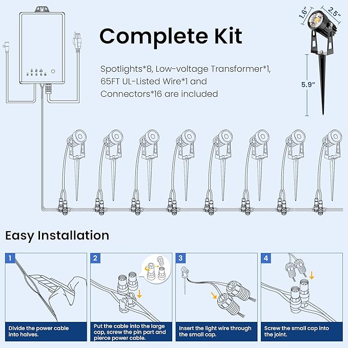 All-in-One Outdoor Low Voltage Landscape Lighting Kit, LED Landscape Spot Lights with 60W Transformer and 65FT Wire, Waterproof Outside Spotlights for Yard, Garden, Tree, Pathway, House, 3000K, 8 Pack AUDERWIN