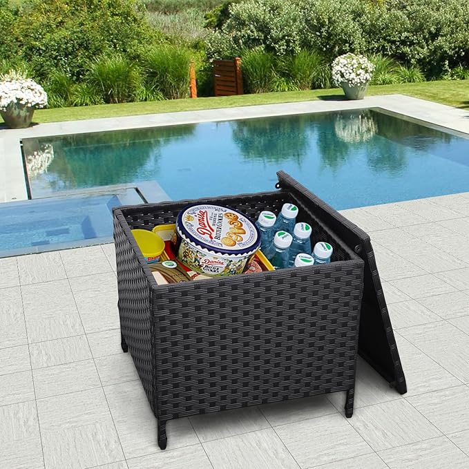 Outdoor Wicker Storage Side Table, Patio Black PE Rattan End Table with Storage, Square Container for Furniture Covers, Toys, and Gardening Tools Lvidenoutdoor