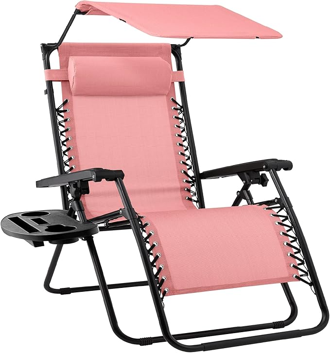Best Choice Products Folding Zero Gravity Outdoor Recliner Patio Lounge Chair w/Adjustable Canopy Shade, Headrest, Side Accessory Tray, Textilene Mesh - Pink BestChoiceProducts