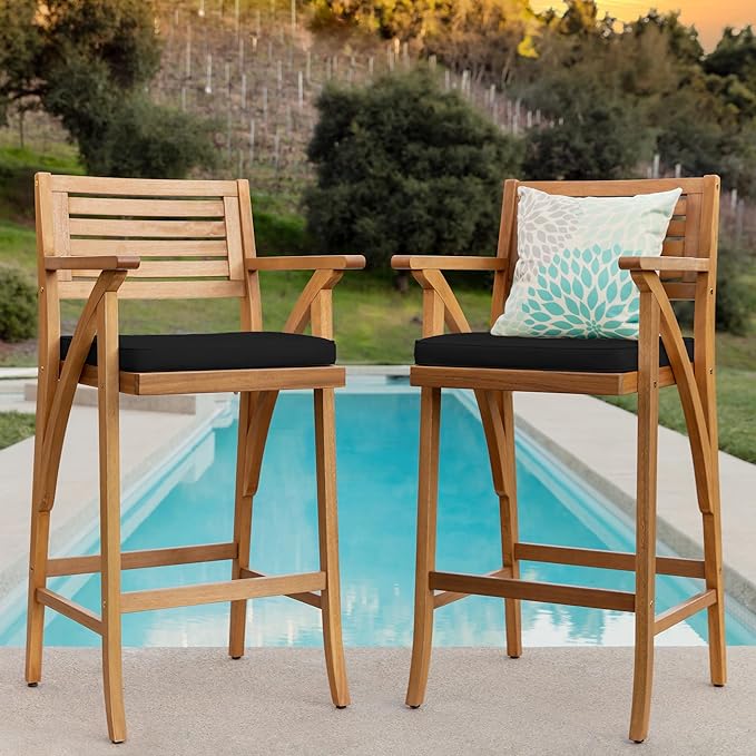 Best Choice Products Set of 2 Outdoor Acacia Wood Bar Stools Bar Chairs for Patio, Pool, Garden w/Weather-Resistant Cushions - Black BestChoiceProducts