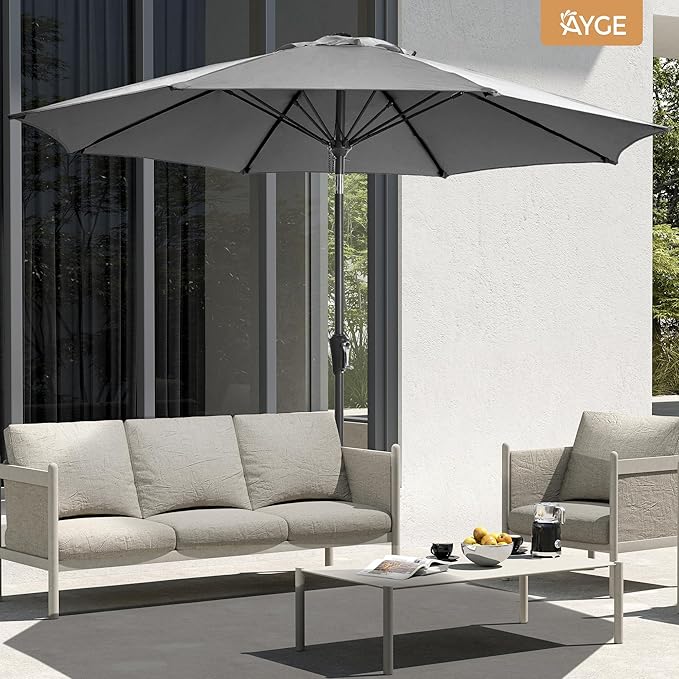 Ayge 9FT Large Outdoor Patio Umbrella Market Table Umbrella-UV Resistant, Easy Push Button Tilt and Crank, 8 Sturdy Fiberglass Ribs Heavy-Duty Pool Umbrella for Deck, Backyard,Garden,Grey AYGE