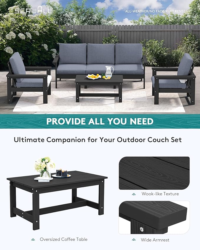 SERWALL HDPE Patio Conversation Set, 6-piece Sectional Outdoor Furniture Set, All Weather Outdoor Couch Set Patio Furniture Set for Deck, Lawn, Black Frame with Grey Cushion SERWALL