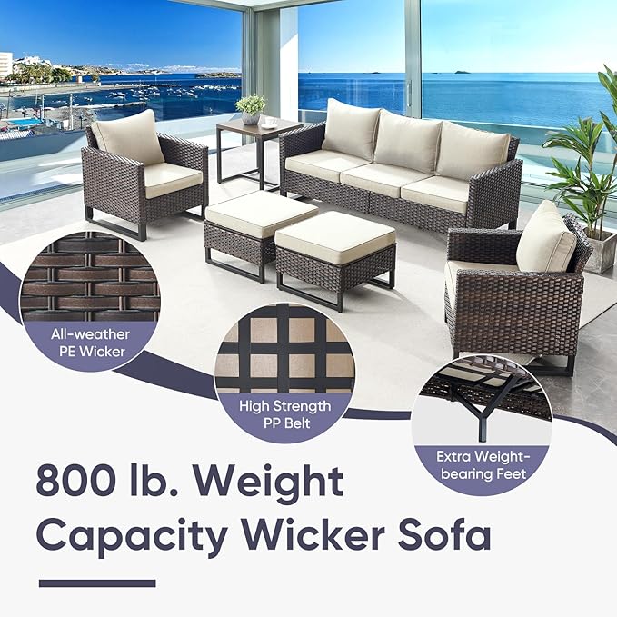 Belord Patio Furniture Set with Fire Pit Table: 9 Pieces Wicker Oversize Patio Conversation Set with Outdoor Swivel Glider Rocker Rattan Couch Ottomans, Anti-Rust Frame, Removable Cushion Beige Belord