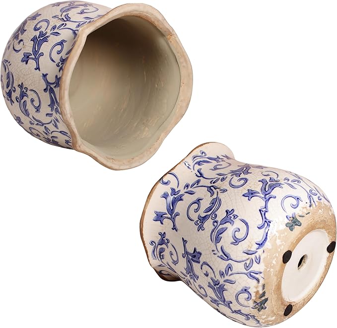 Retro Distressed Ceramic Flower Pots, Antique Crackle Glaze Planters with Drainage for Indoor Plants, Blue and White Chinoiserie Pottery Vase for Living Room Balcony Office Decor, Gardening Gifts XiaanJiaju