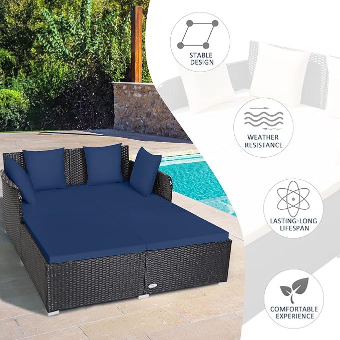 RELAX4LIFE Rattan Patio Outdoor Daybed, Wicker 2-Person Sunbed Loveseat with Soft Cushions, 4 Pillows, Curved Backrest & Armrest, Double Bed Lounger Sofa Set for Balcony Porch, Patio Bed (Navy) RELAX4LIFE