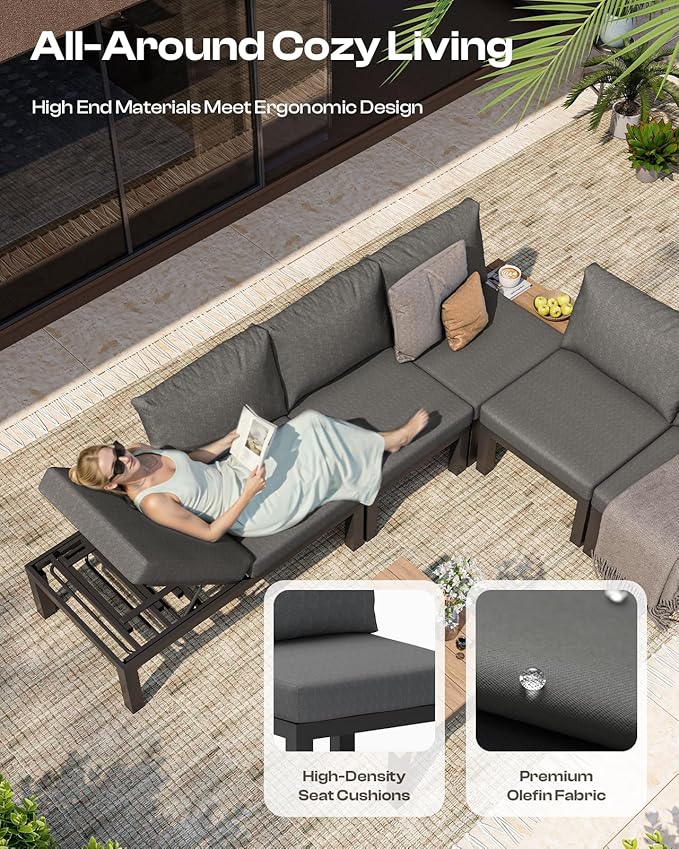 Aluminum Outdoor Patio Furniture Set, 4 Seats Modular Patio Sectional Sofa Set with Adjustable Backrest & Removable Cushions, All-Weather Outdoor Conversation Sets for Garden & Yard, Graphite Oasbira