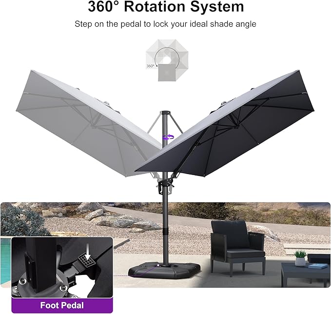 PURPLE LEAF 8' X 11' Left-right Tilt Patio Umbrella Outdoor Cantilever Swivel Rectangle Umbrella Aluminum Offset Umbrella with 360-degree Rotation for Garden Deck Pool Patio Light Grey PURPLELEAF