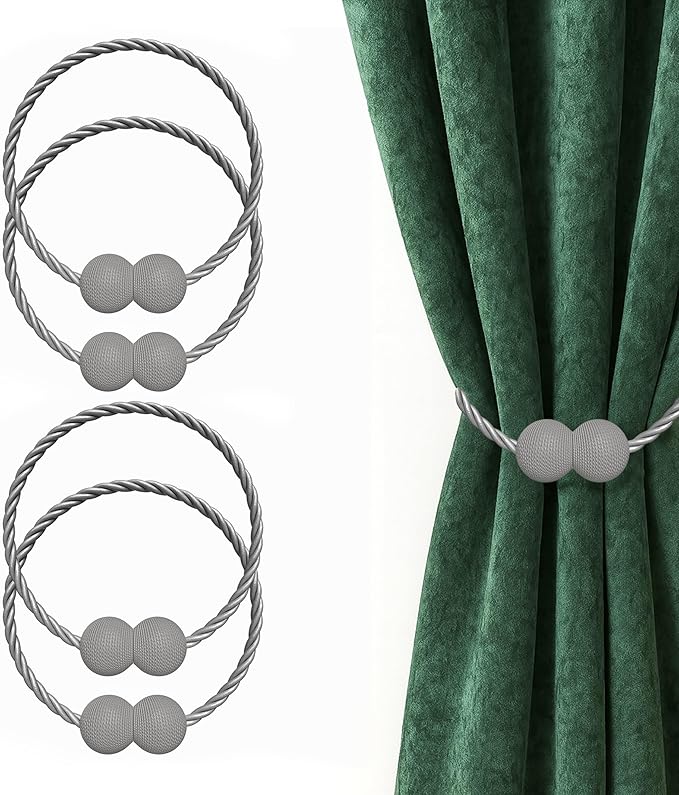 Hion Magnetic Curtain Tiebacks Grey 4 Pack, Curtain Tiebacks Buckles Holdbacks Holders Hooks Clip for Home Bedroom Office Decorative Thick or Thin Curtain Hion