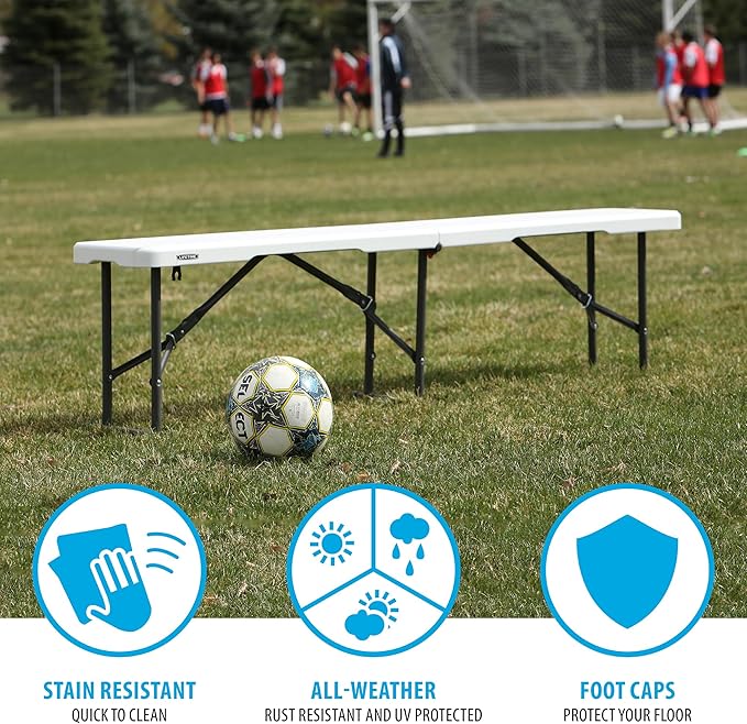 LIFETIME Portable Folding Bench, 6‑Foot Fold‑in‑Half, UV‑Resistant Seat, Powder‑Coated Steel Frame, Lightweight, Stain‑Resistant, Non‑Marring Foot Caps, Indoor/Outdoor Portable Seating Lifetime