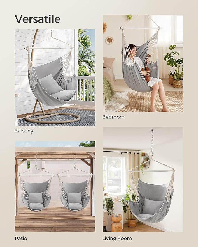 SONGMICS Hammock Chair, Load Capacity 500 lb, Hanging Chair with 2 Cushions, Large Hammock Swing with Chain and Pocket, for Indoor, Outdoor, Living Room, Bedroom, Dove Gray UGDC197G01 SONGMICSbySONGMICSHOME