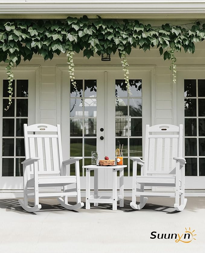 Oversized Rocking Chairs Outdoor Set of 2, High Back Porch Rocker Chair, HDPE All Weather Resistant Rocking Chairs for Patio, 380lbs Weight Capacity, White Suunyn