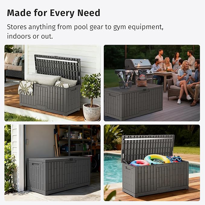 EAST OAK 120 Gallon Outdoor Storage Box | Large Resin Deck Box with Reinforced Stainless Steel Support | Waterproof & UV-Resistant Patio Storage Box for Cushions, Garden Tools & Pool Accessories, Grey EASTOAK