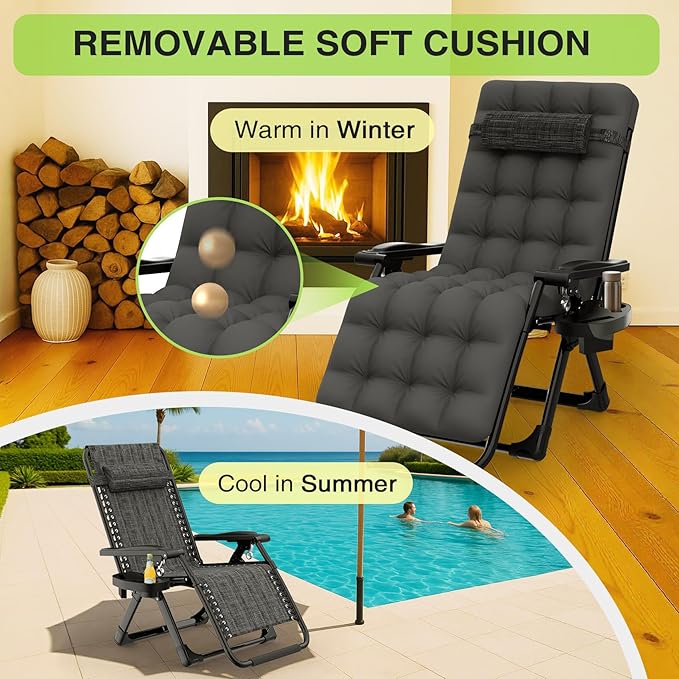 Suteck Zero Gravity Chair, Reclining Camping Lounge Chair w/Removable Cushion, Upgraded Lock and Cup Holder, Reclining Patio Chairs Folding Recliner for Indoor and Outdoor Suteck